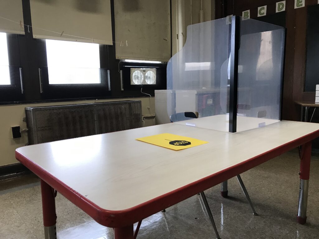 IMG_0830 A socially distanced classroom at George W. Nebinger School in South Philadelphia. (Avi Wolfman-Arent / WHYY)