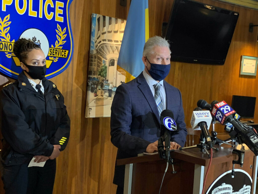 PPD_outlaw_smith_presser_AM_020921 Homicide Capt. Jason Smith, standing next to Commissioner Outlaw, addresses the media at a press conference