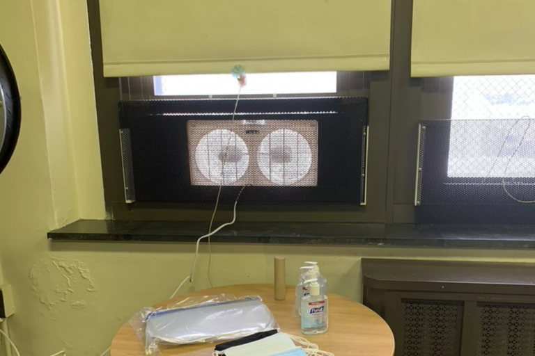 A window fan in a classroom at Nebinger elementary school
