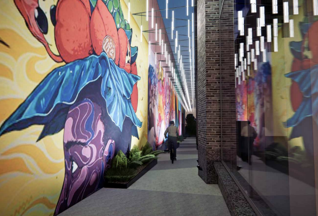 Screen Shot 2021-02-02 at 6.50.58 PM A rendering of the mural walk proposed as part of the 3151 Market Street project from Brandywine Realty Trust. (Courtesy of Gensler)