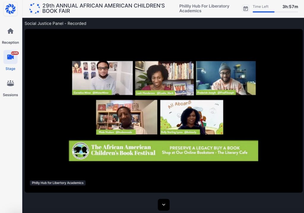 Screen Shot 2021-02-06 at 1.48.26 PM Authors exchange ideas during the social justice panel at the 29th annual African American Children's Book Fair. (Hopin screenshot)