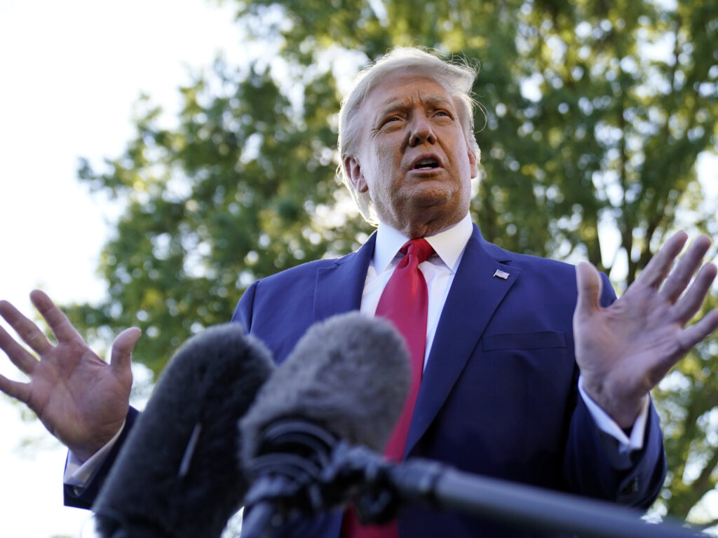 Donald Trump President Donald Trump speaks to reporters on the South Lawn