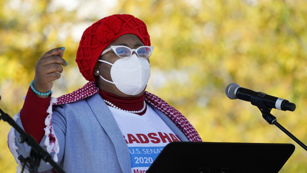 Marquita Bradshaw Marquita Bradshaw speaks before a Power Together Women's March.