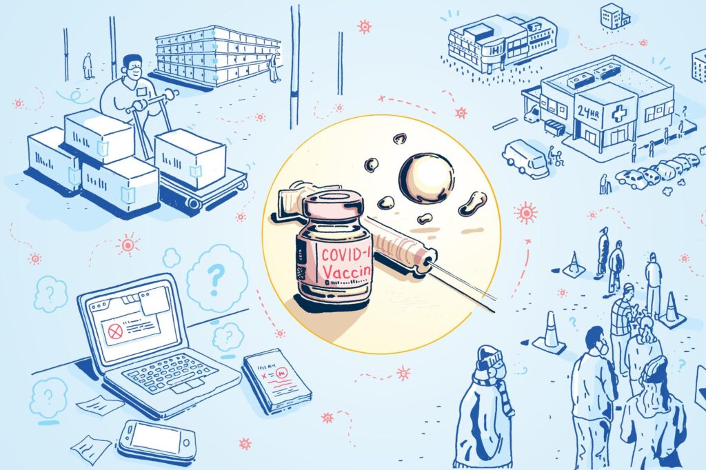coronavirus_vaccine_illo_dan_nott_SPA_020921 An illustration depicts the COVID-19 era.