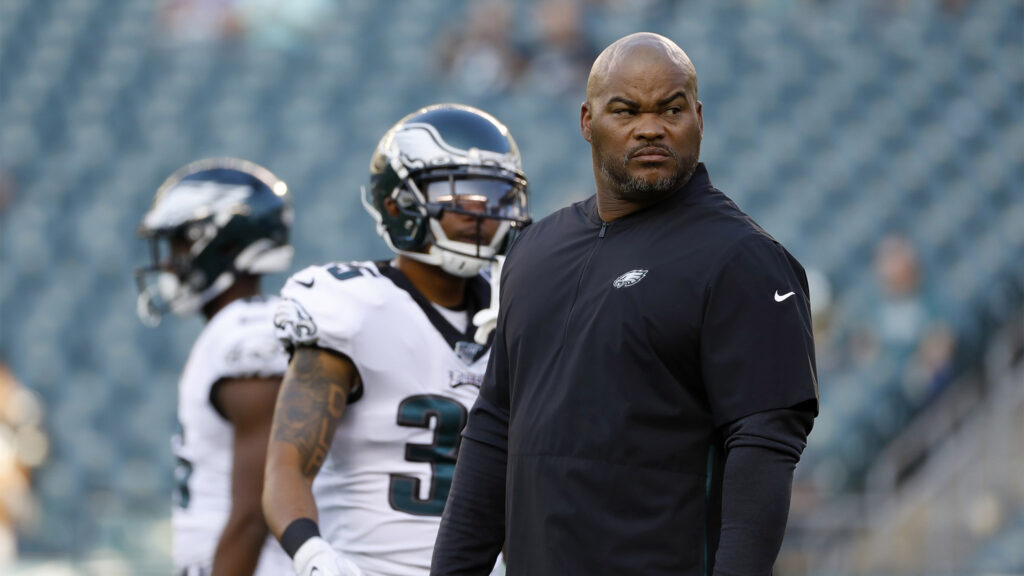 Titans Eagles Football Philadelphia Eagles' Duce Staley watches warm ups before a preseason NFL football game against the Tennessee Titans, Thursday, Aug. 8, 2019, in Philadelphia. (AP Photo/Michael Perez)