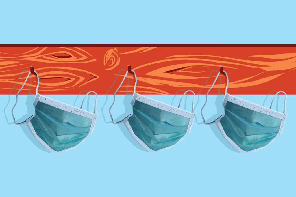 Illustration of face protective masks hanging on a coat rack. Illustration of face protective masks hanging on a coat rack