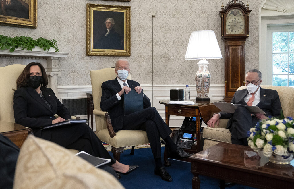 President Biden and Vice President Harris meet with Senate Majority Leader Chuck Schumer and other Democratic senators Wednesday to talk about Biden’s $1.9 trillion COVID-19 relief proposal. President Biden and Vice President Harris meet with Senate Majority Leader Chuck Schumer and other Democratic senators Wednesday to talk about Biden's $1.9 trillion COVID-19 relief proposal.