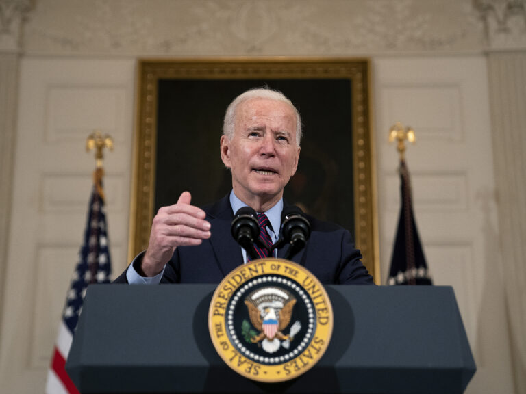 WASHINGTON, DC - FEBRUARY 05: U.S. President Joe Biden delivers remarks on the national economy and the need for his administration's proposed $1.9 trillion coronavirus relief legislation in the State Dining Room at the White House on February 05, 2021 in Washington, DC. Biden hosted lawmakers from both parties at the White House this week in an effort to push his pandemic relief plan forward. (Photo by Stefani Reynolds-Pool/Getty Images)