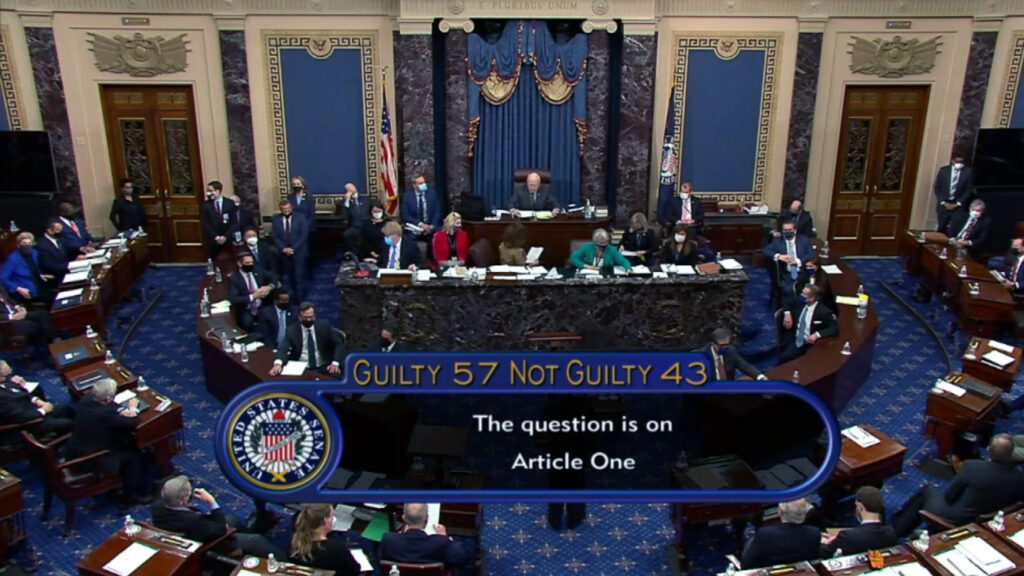 The Senate voted 57-43 Saturday to acquit former President Donald Trump during his second impeachment trial. A screenshot taken from a congress.gov webcast of the Senate voting in Trump's second impeachment trial