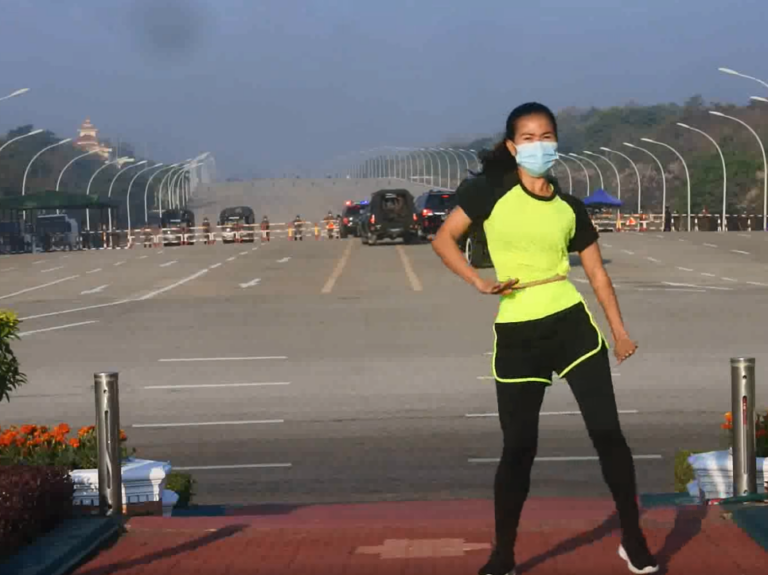 Khing Hnin Wai's video of herself dancing while seemingly unaware of Myanmar's military coup unfolding in the background has gone viral since Monday. (Khing Hnin Wai/Screenshot by NPR)