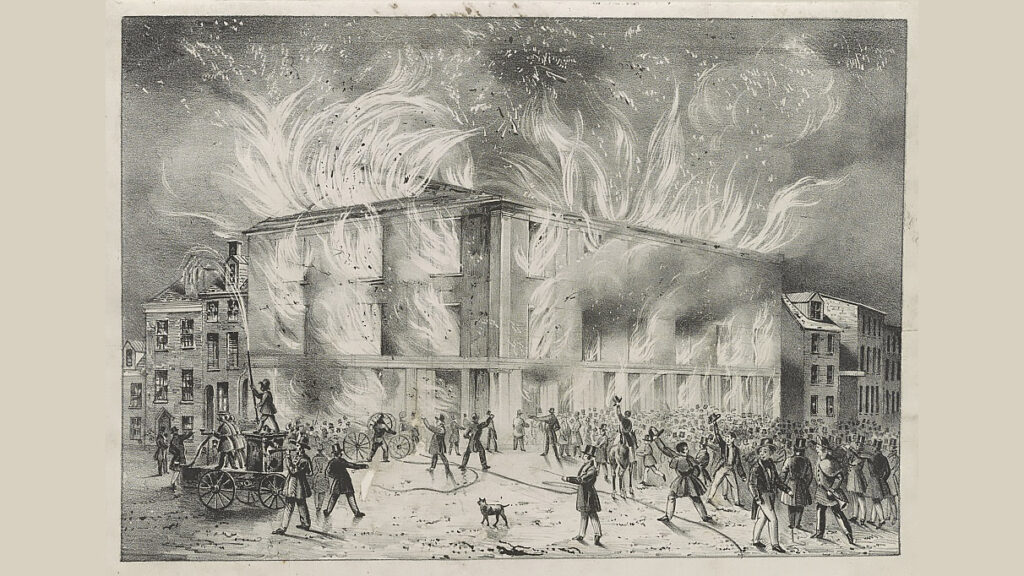 pennsylvaniahall-destruction-19thcenturyraceriots-crop 'Destruction by Fire of Pennsylvania Hall,' by J.T. Bowen, 1838 (Library of Congress)