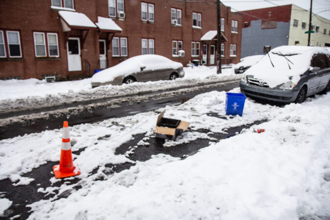 Parking spot savsies in Philadelphia’s Port Richmond neighborhood.