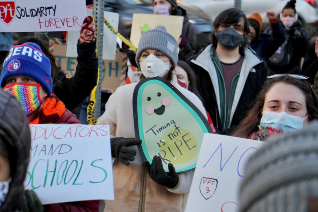 Philadelphia public school teachers rally outside the school administration building on North Broad Street