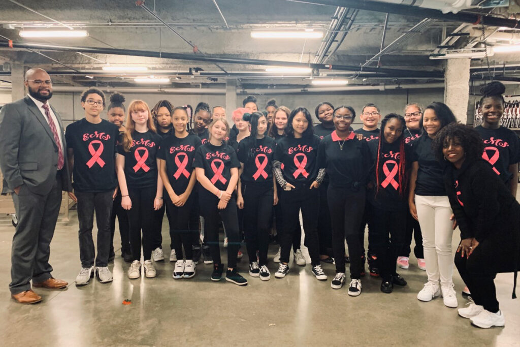 role_model_1200_800_aaron_taylor Aaron Taylor (far left) at the Erie Otters Hockey Club in Erie, PA after his students performed the National Anthem. (Courtesy of Aaron Taylor)