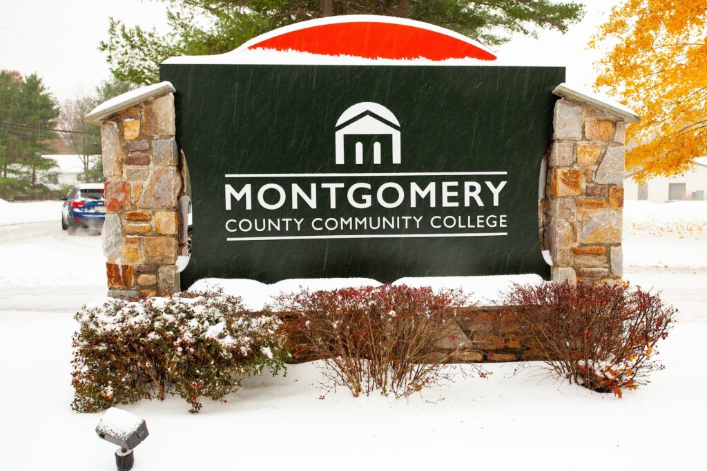 snowy-college-sign Montgomery County Community College. (Courtesy of Montgomery County Community College)