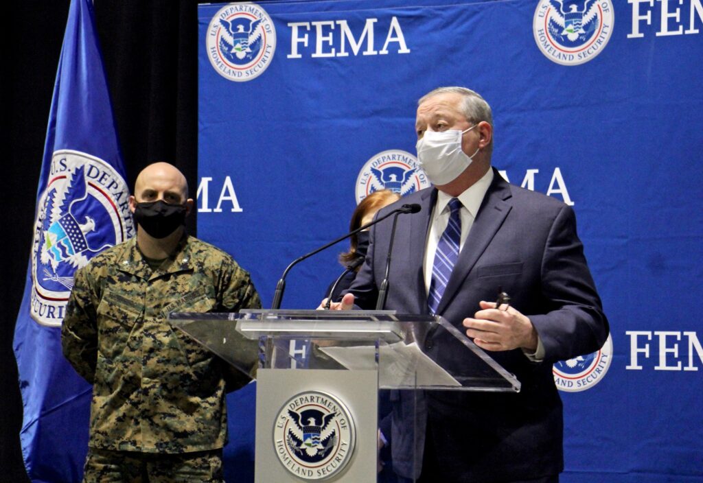 2021 03 02-e lee-jim kenney-philadelphia pennsylvania convention center-fema vaccine center Mayor Jim Kenney speaks at the opening of a federally-run mass vaccine center