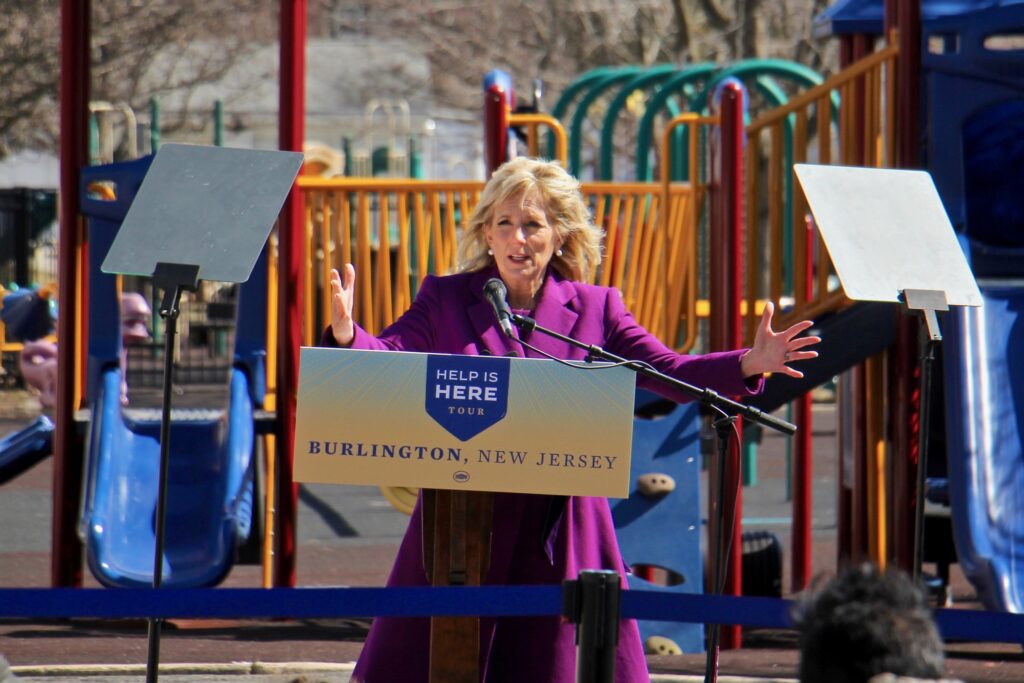 2021 03 15-e lee-jill biden-burlington nj samuel smith elementary school-help is here playground Jill Biden speaks on the playground at Samuel Smith Elementary