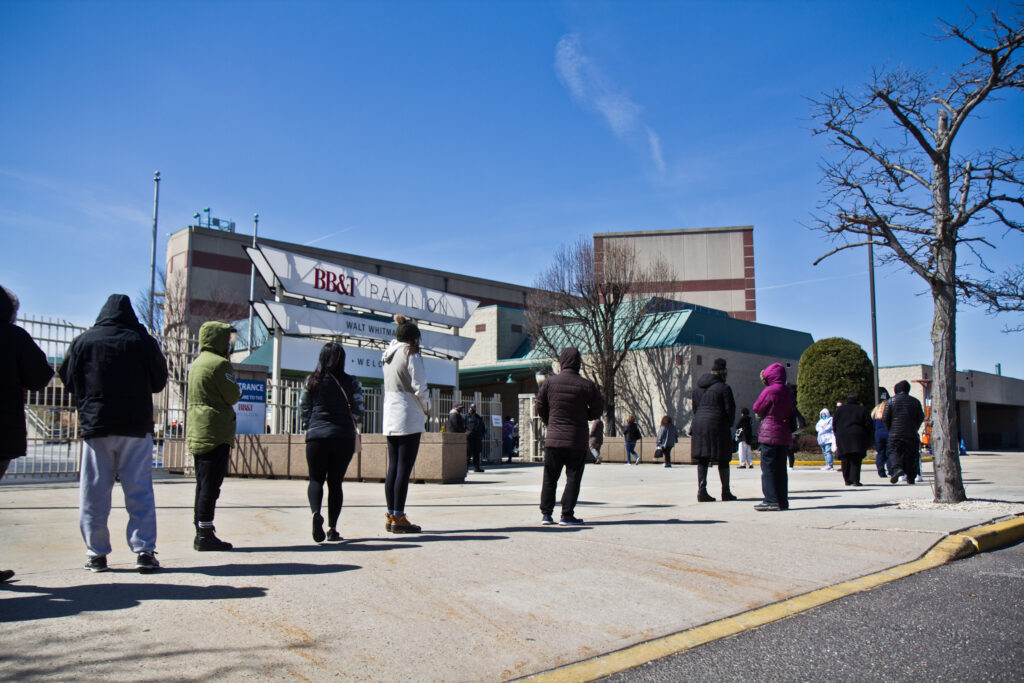 2021 03 15 k paynter Camden BB&T Pavillion FEMA vaccine clinic People line up for the COVID-19 vaccine outside the BB&T Pavilion in Camden