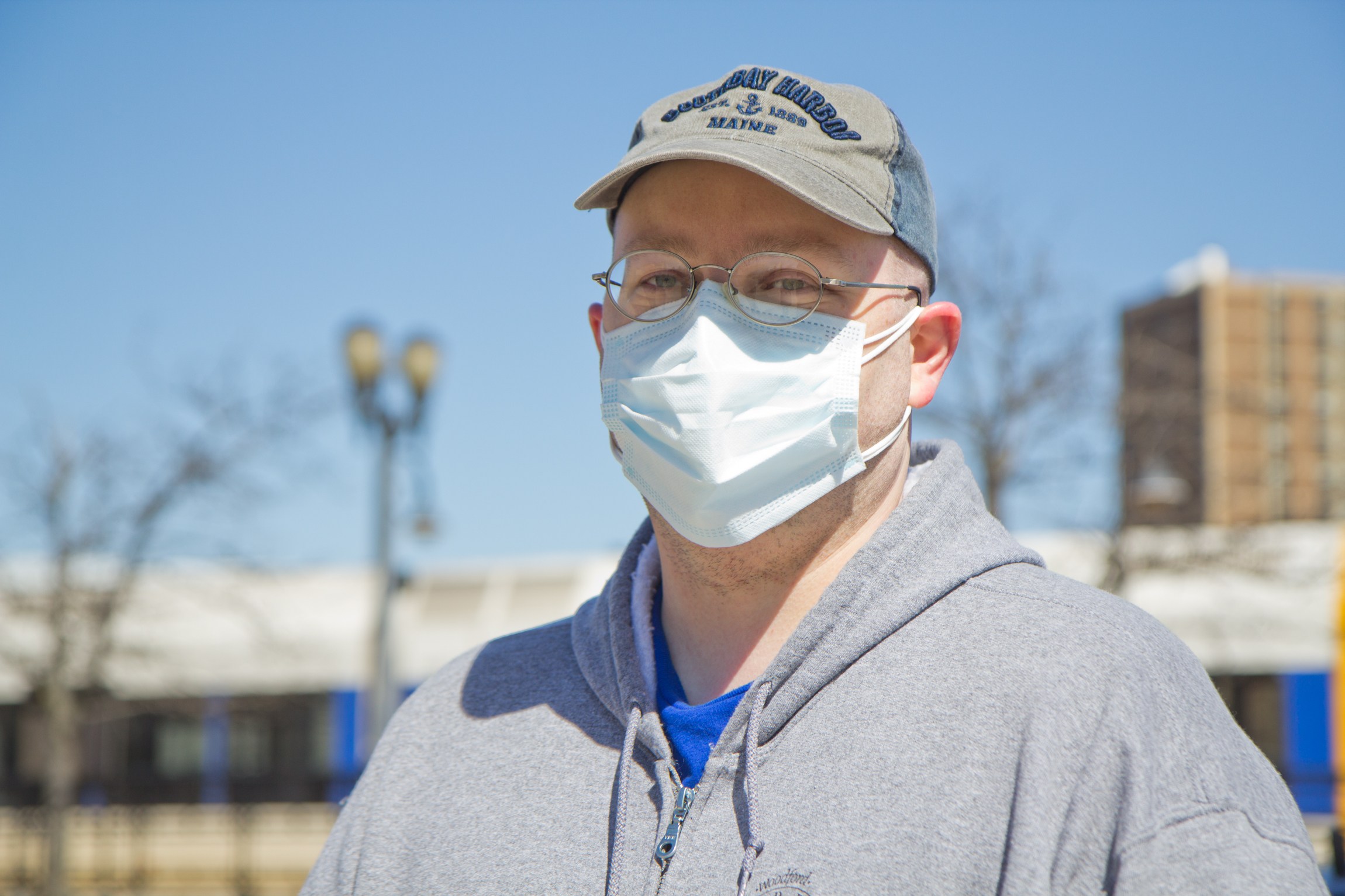 Luke Schurman wears a face mask outside the FEMA clinic at the BB&T Pavilion in Camden