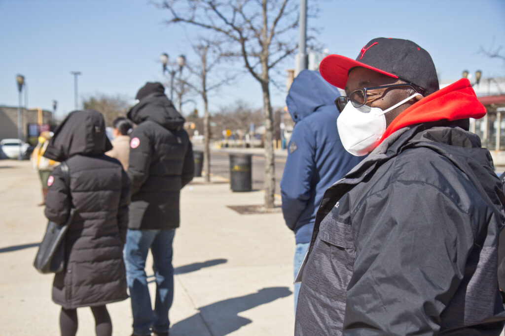 2021 03 15 k paynter Camden BB&T Pavillion FEMA vaccine clinic-7 N.J. Transit worker Antonio Harriot waits in line to get the COVID-19 vaccine
