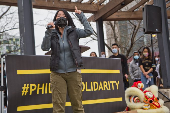 City Councilmember Helen Gym speaks during a rally and march against anti-Asian violence on March 25, 2021. (Kimberly Paynter/WHYY)