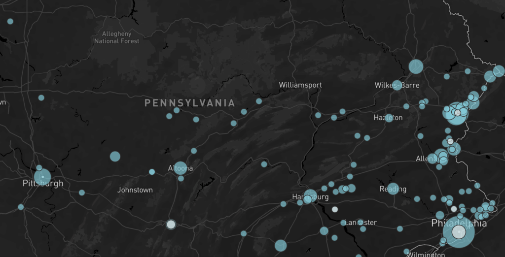 ADL_white_supremacy_incidents_2020_PA_closeup_023121_v2 A closeup of an interactive map illustrates the number of incidents involving white supremacist propaganda that were reported to the Anti-Defamation League in 2020 in Pennsylvania.