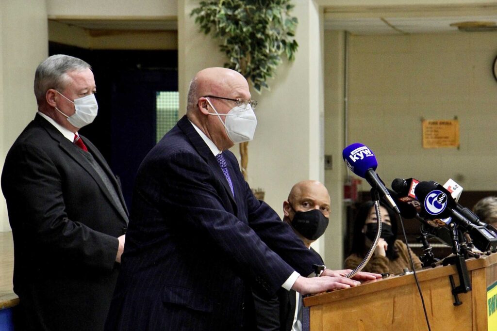 AFT_PA_arthur_steinberg_mayor_kim_kenney_william_hite_SDP_EL_030121 AFT Pennsylvania President Arthur Steinberg speaks at a podium beside Mayor Jim Kenney, with Superintendent William Hite in the background