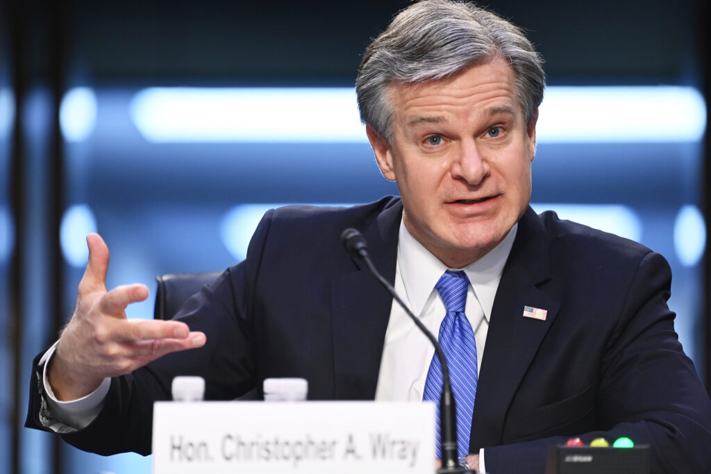 AP21061574584857 FBI Director Christopher Wray testifies before the Senate Judiciary Committee on Capitol Hill in Washington, Tuesday, March 2, 2021. (Mandel Ngan/Pool via AP)