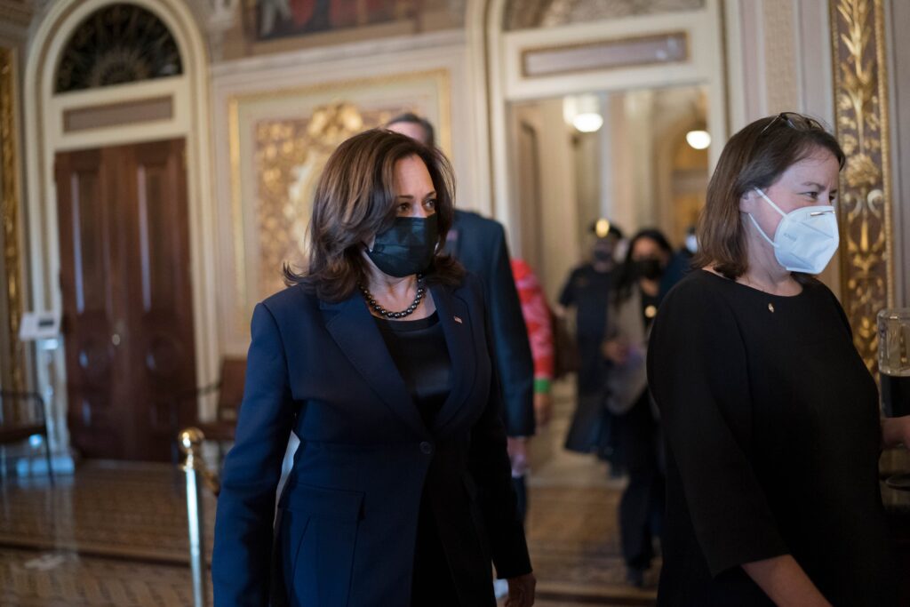 AP21063742722285 Vice President Kamala Harris arrives to break the tie on a procedural vote as the Senate works on the Democrats' $1.9 trillion COVID relief package, on Capitol Hill in Washington, Thursday, March 4, 2021. (AP Photo/J. Scott Applewhite)