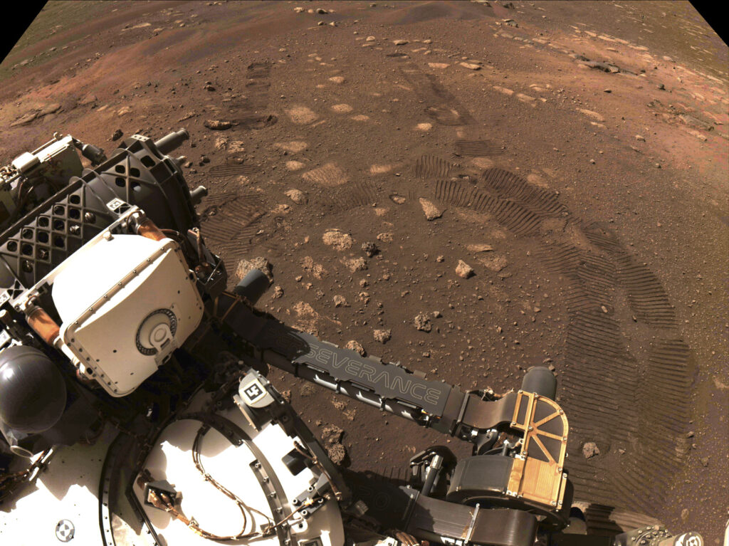Space Mars Rover This photo made available by NASA was taken during the first drive of the Perseverance rover on Mars on Thursday, March 4, 2021. Perseverance landed on Feb. 18, 2021. (NASA/JPL-Caltech via AP)