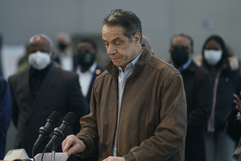 New York Gov. Andrew Cuomo speaks at a vaccination site on Monday, March 8, 2021, in New York. (AP Photo/Seth Wenig, Pool)