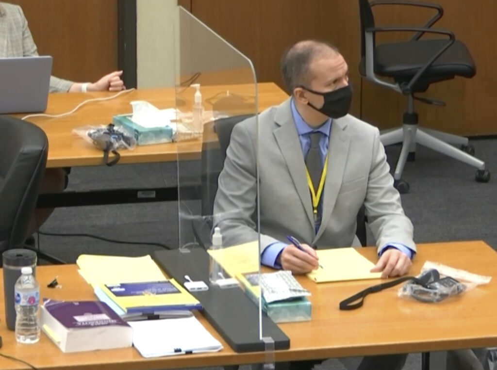 George Floyd Officer Trial In this image from video, defendant and former Minneapolis police officer Derek Chauvin, right, listens as Hennepin County Judge Peter Cahill presides over pretrial motions before jury selection Tuesday, March 9, 2021 at the Hennepin County Courthouse in Minneapolis. Chauvin is charged in the May 25, 2020 death of George Floyd. (Court TV, via AP, Pool)