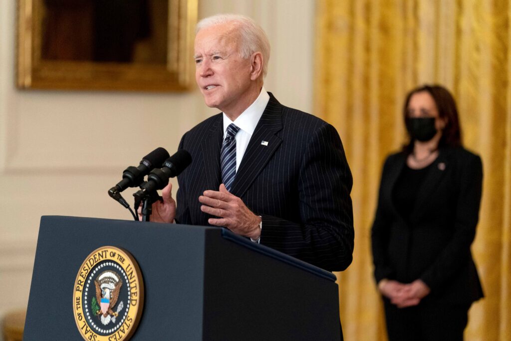 Joe Biden,Kamala Harris President Joe Biden, accompanied by Vice President Kamala Harris, right, speaks about COVID-19 vaccinations in the East Room of the White House, Thursday, March 18, 2021, in Washington. (AP Photo/Andrew Harnik)