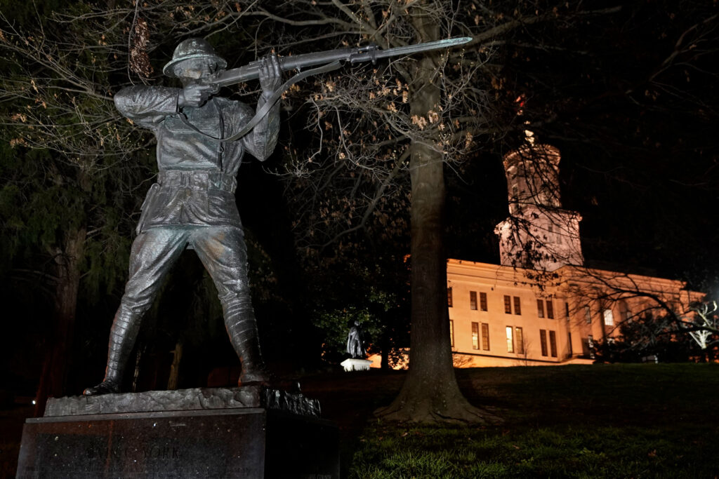 Sergeant York Pennsylvania Lawmaker The statue of World War I hero Sgt. Alvin C. York stands on the grounds of the Tennessee State Capitol Tuesday, March 16, 2021, in Nashville, Tenn. The claim in Pennsylvania state Sen. Doug Mastriano's 2014 book about York, that a 1918 U.S. Army's signal corps photo was mislabeled and actually shows York with three German officers he captured, has been disputed by rival researchers. (AP Photo/Mark Humphrey)