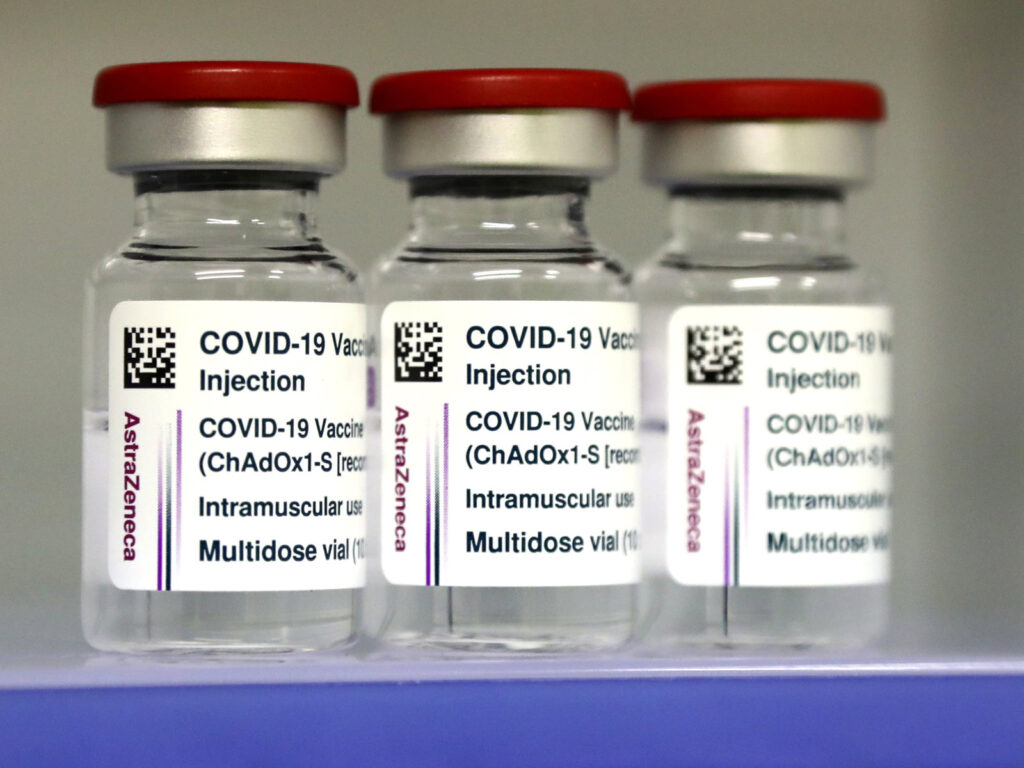 Virus Oubreak Germany Vaccines AstraZeneca COVID-19 vaccines are seen inside a fridge