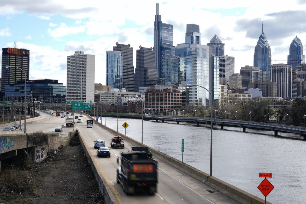 Virus Outbreak Vehicle Travel Morning traffic moves along Interstate 76 in Philadelphia, Monday, March 29, 2021.