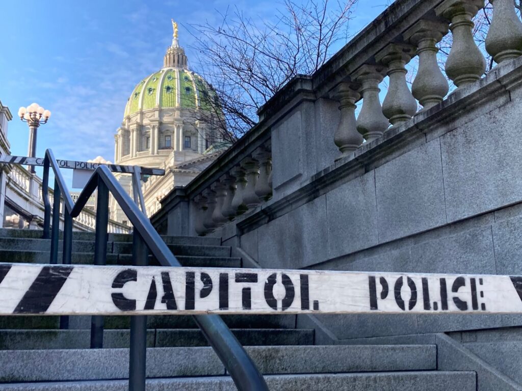 Harrisburg-Capitol-police-1920×1440 Barricades block stairs at the Pennsylvania Capitol on Jan. 12, 2021. (Sam Dunklau / WITF)