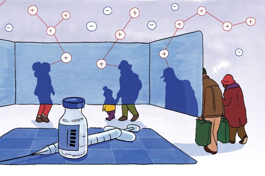 SPA_illustration_covid_race_data_030921 An illustration features a COVID-19 vaccine with various individuals whose faces are obscured.