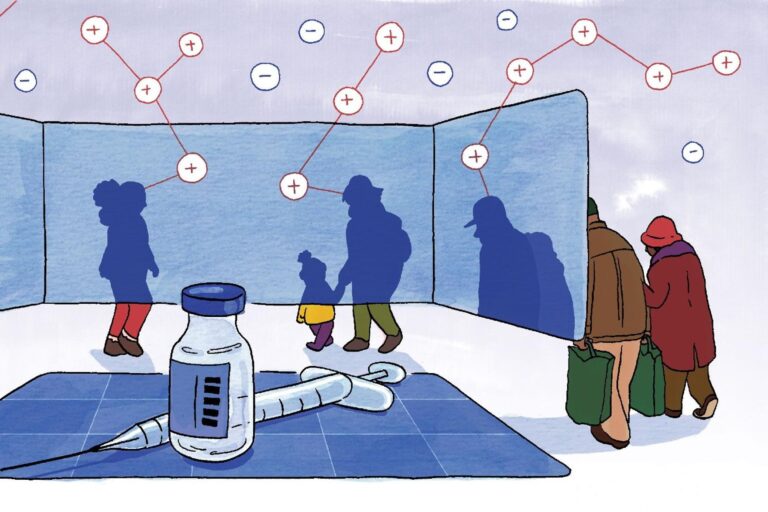 An illustration features a COVID-19 vaccine with various individuals whose faces are obscured.