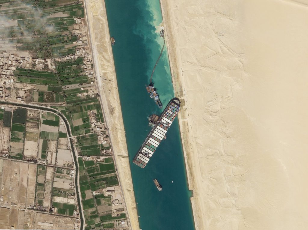 Egypt Suez Canal A satellite image shows the cargo ship MV Ever Given stuck in the Suez Canal
