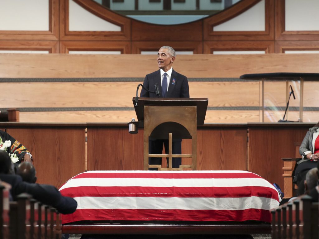 APTOPIX John Lewis Remembered Former President Barack Obama addresses the service during the funeral for the late Rep. John Lewis
