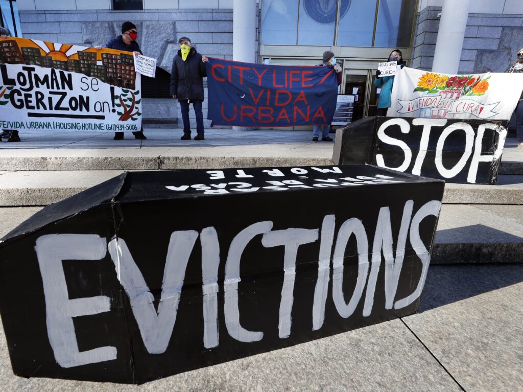 Tenants’ rights advocates demonstrated in Boston in January, calling on the Biden administration to extend the CDC eviction moratorium. Tenants' rights advocates demonstrated in Boston in January, calling on the Biden administration to extend the CDC eviction moratorium.
(AP)