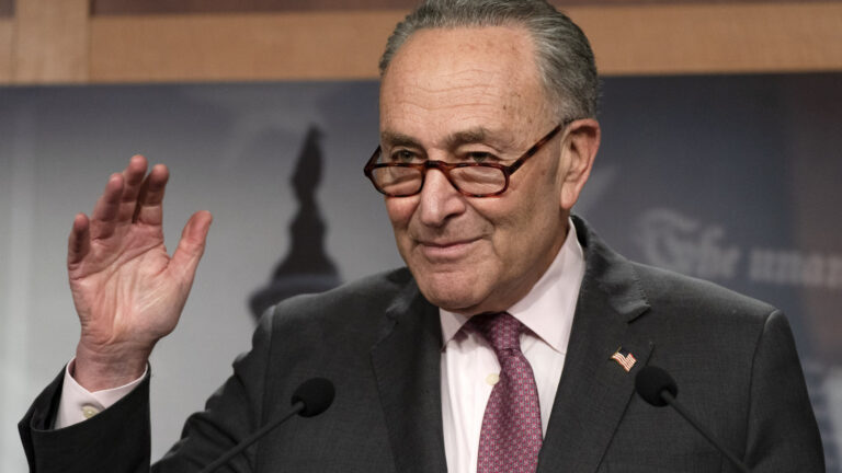 Senate Majority Leader Chuck Schumer, D-N.Y., speaks to the media