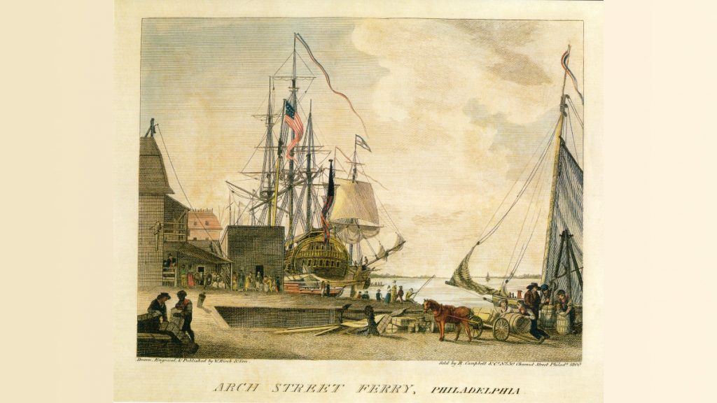 archstferry-drawing-yellowfever The virus is thought to have come ashore at the wharf where the Arch Street Ferry docked (Wikimedia Commons/Independence National Historic Park)