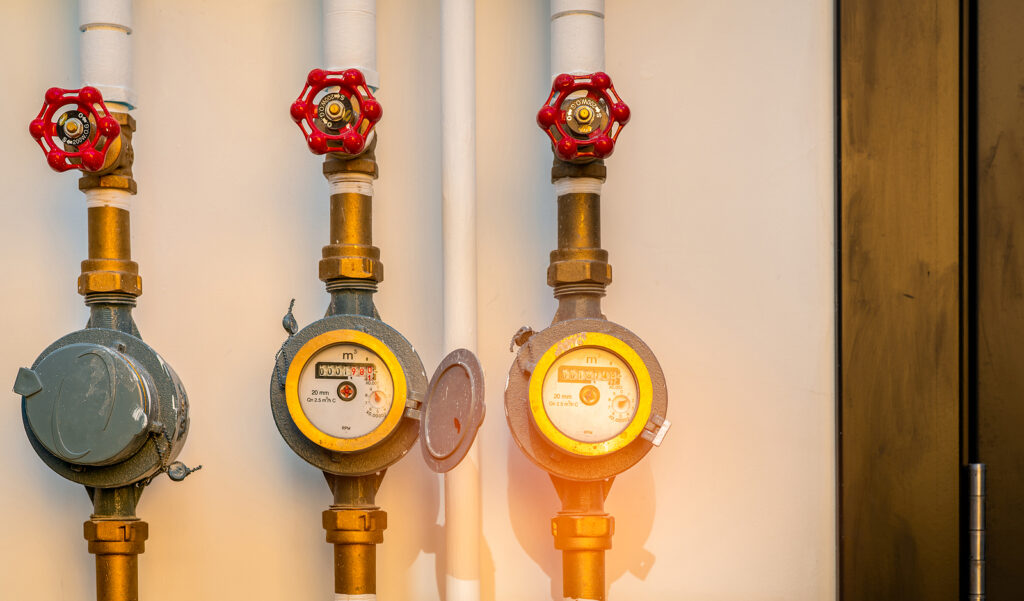 Single Water Meter And Valves On White Concrete Wall Of House. W Single Water Meter