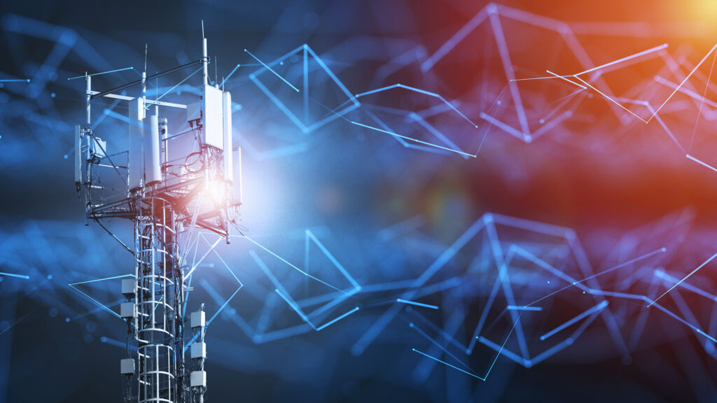 bigstock–g-And-g-Cellular-Telecommuni-395776421 Telecommunication equipment for a 5G radio network with radio modules and smart antennas installed on a metal structure against an abstract background