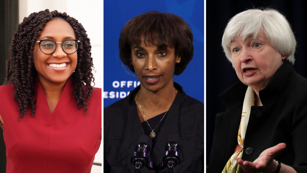 From left: Chief Labor Department economist Janelle Jones, chair of the Council of Economic Advisers nominee Cecilia Rouse and Treasury Secretary Janet Yellen. From left: Chief Labor Department economist Janelle Jones, chair of the Council of Economic Advisers nominee Cecilia Rouse and Treasury Secretary Janet Yellen.
(Department of Labor and Alex Wong/Getty Images)