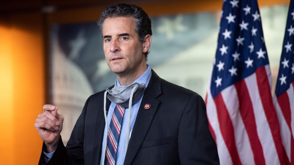 Rep. John Sarbanes, D-Md., pictured in May 2020, reintroduced legislation on voting and campaign finance this year, in hope it can now become law with Democrats’ control of Congress. Rep. John Sarbanes addresses the media