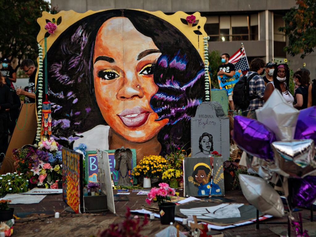 A makeshift memorial in downtown Louisville, Ky., for Breonna Taylor in September 2020. Taylor was killed a year ago in her home during a botched narcotics raid carried out by Louisville police. A makeshift memorial in downtown Louisville, Ky., for Breonna Taylor in September 2020. Taylor was killed a year ago in her home during a botched narcotics raid carried out by Louisville police.