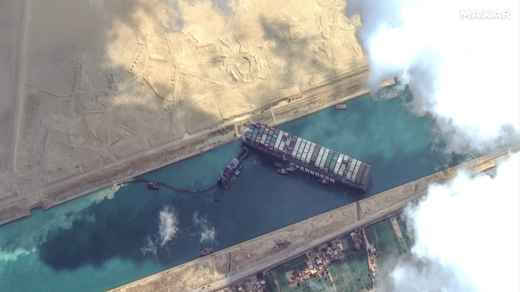 High-resolution satellite imagery shows the Suez Canal and the container ship Ever Given that remains stuck north of the city of Suez, Egypt. High-resolution satellite imagery shows the Suez Canal and the container ship Ever Given that remains stuck north of the city of Suez, Egypt. ScapeWare3d/DigitalGlobe/Getty Images
